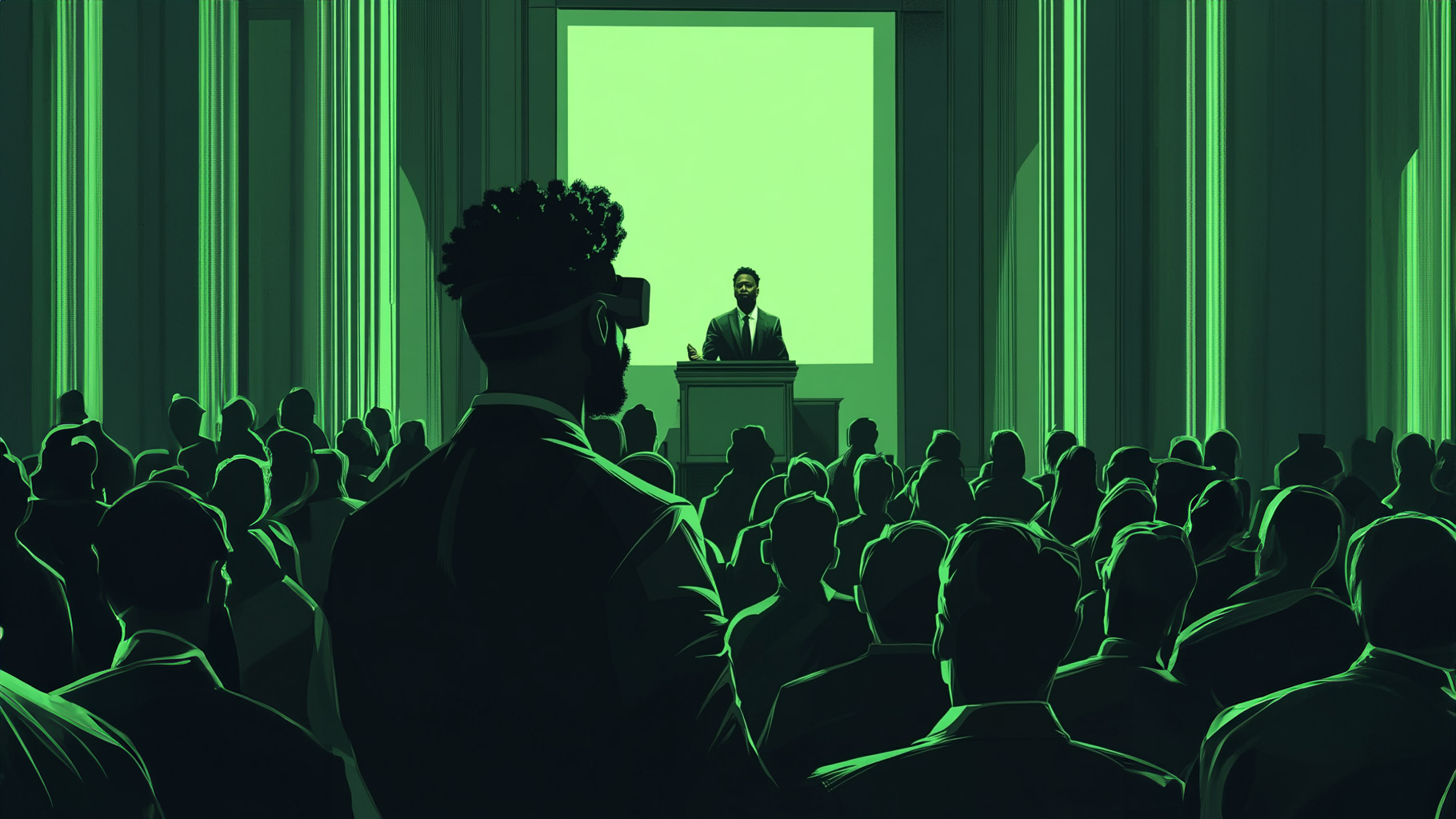 Black male wearing heaset watching black leader giving speach in an auditorium