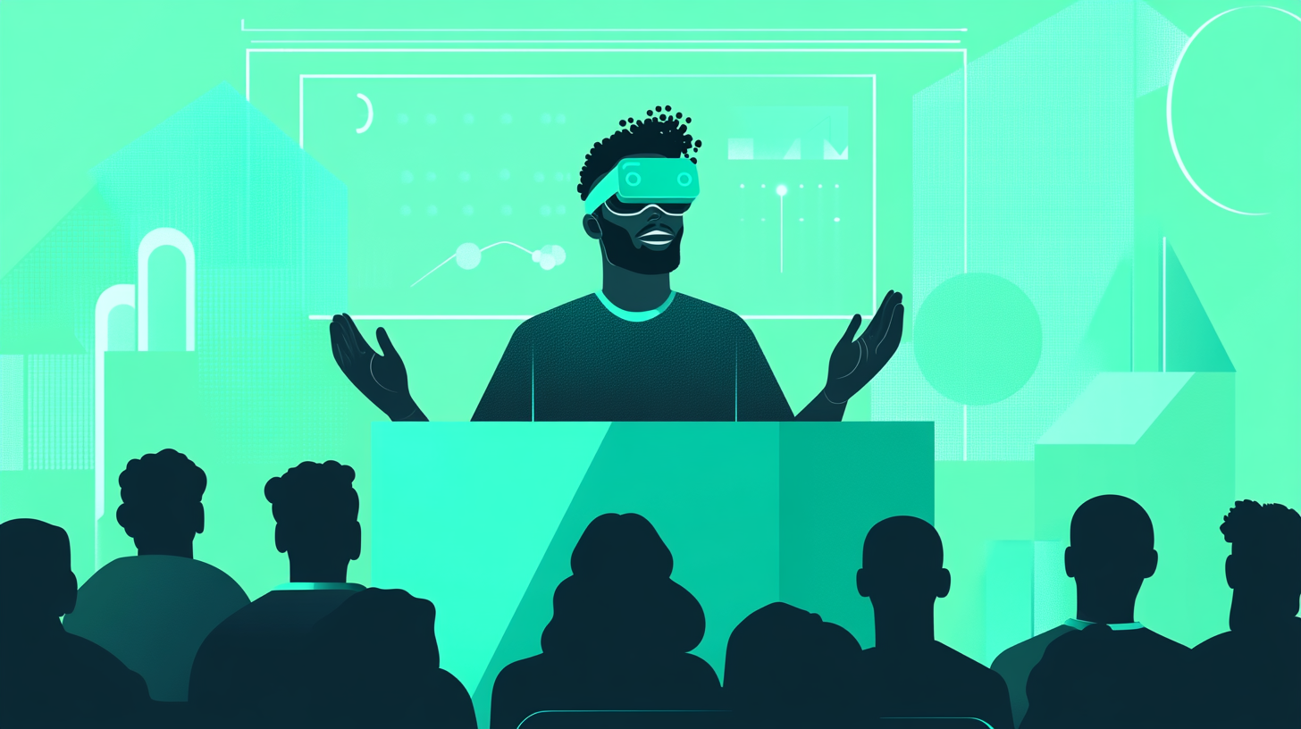 Black male wearing heaset watching black leader giving speach in an auditorium